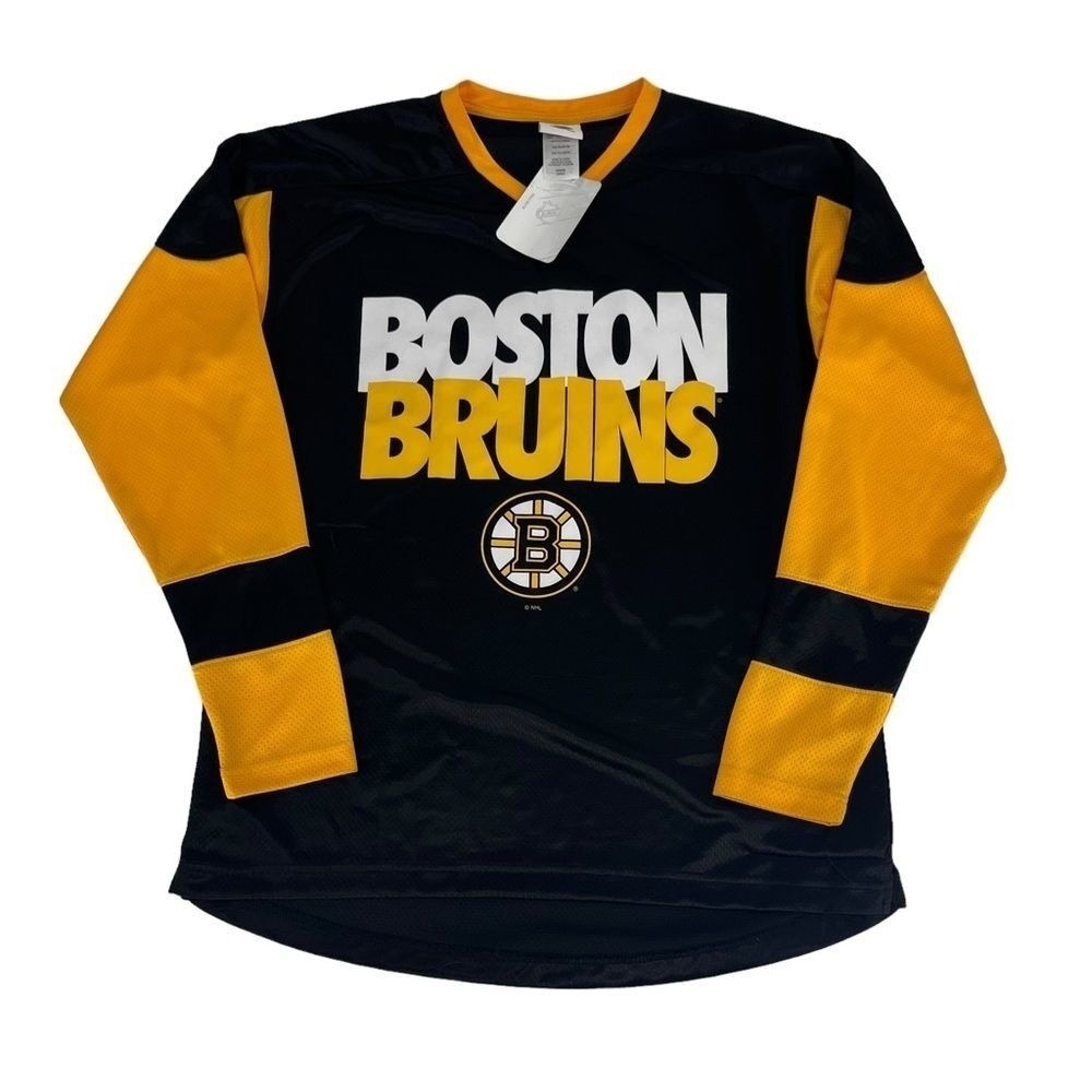 BNWT Boston Bruins Jersey Mens Medium Black Gold NHL Hockey Ling Sleeve Sporty